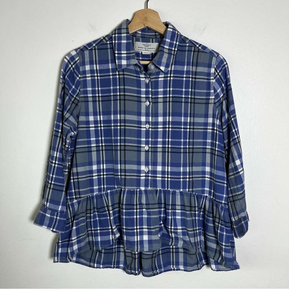 Trovata Birds of‎ Paradis Cotton Flannel Peplum Button Up Blouse Blue size small